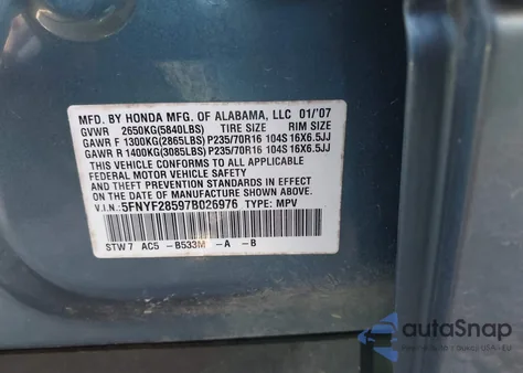 2007 Honda Pilot Ex-L from USA, damaged, VIN 5FNYF28597B026976